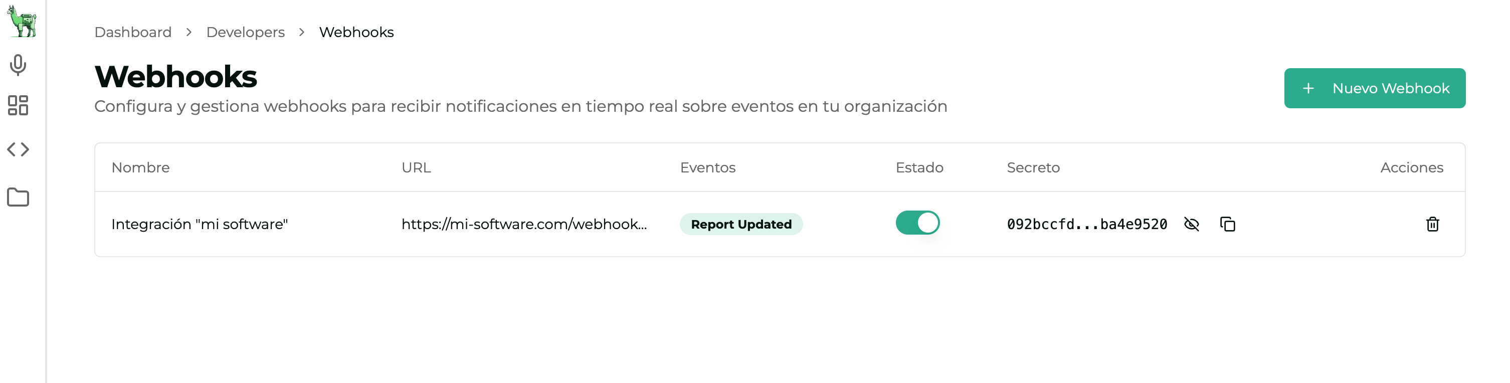 Listado de webhooks